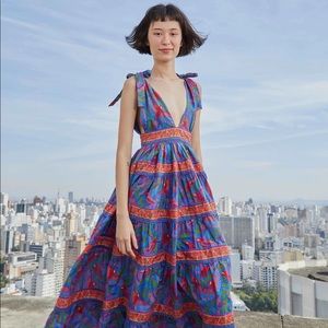 Farm Rio Blue Macaw Flight V Neck Midi Dress